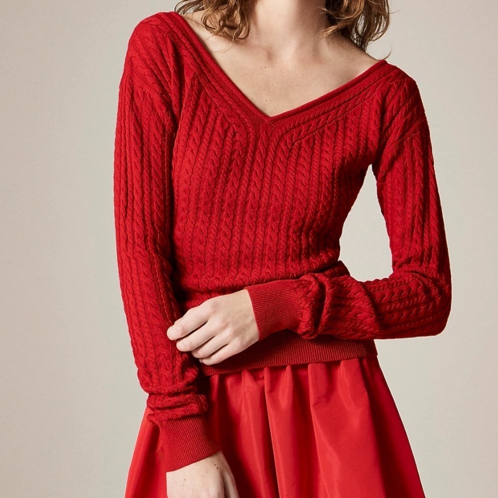 J crew Cable-knit wide V-neck sweater in merino wool red